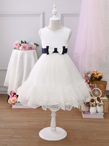 Young Girl Round Neck Mesh Patchwork Color Block Sleeveless Princess Dress