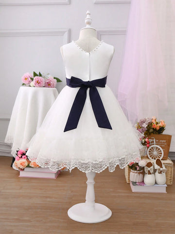 Young Girl Round Neck Mesh Patchwork Color Block Sleeveless Princess Dress