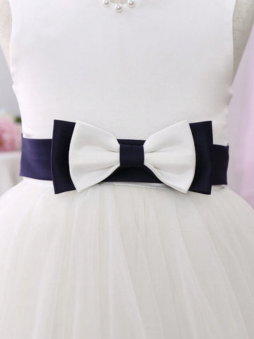 Young Girl Round Neck Mesh Patchwork Color Block Sleeveless Princess Dress