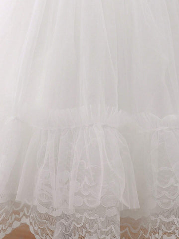 Young Girl Round Neck Mesh Patchwork Color Block Sleeveless Princess Dress