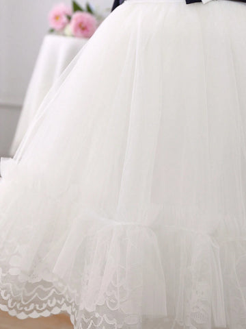 Young Girl Round Neck Mesh Patchwork Color Block Sleeveless Princess Dress