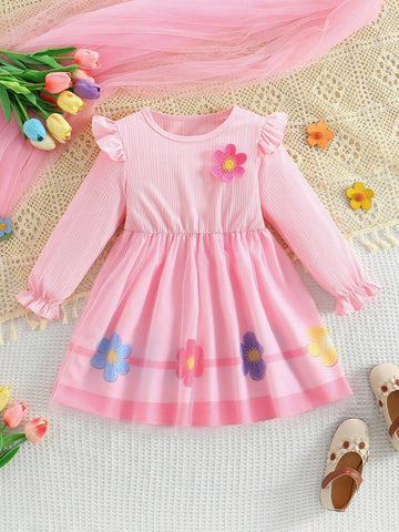 Young Girl Round Neck Patchwork Ruffle Trim Cute 3D Floral Mesh Overlay Dress