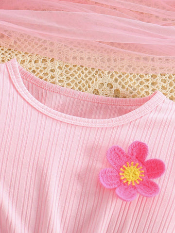 Young Girl Round Neck Patchwork Ruffle Trim Cute 3D Floral Mesh Overlay Dress
