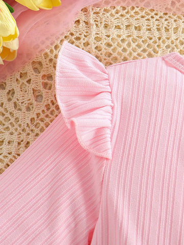 Young Girl Round Neck Patchwork Ruffle Trim Cute 3D Floral Mesh Overlay Dress