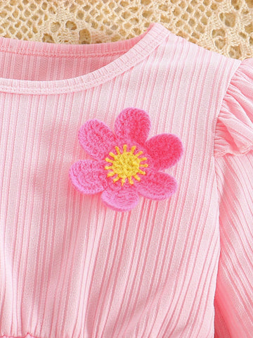 Young Girl Round Neck Patchwork Ruffle Trim Cute 3D Floral Mesh Overlay Dress