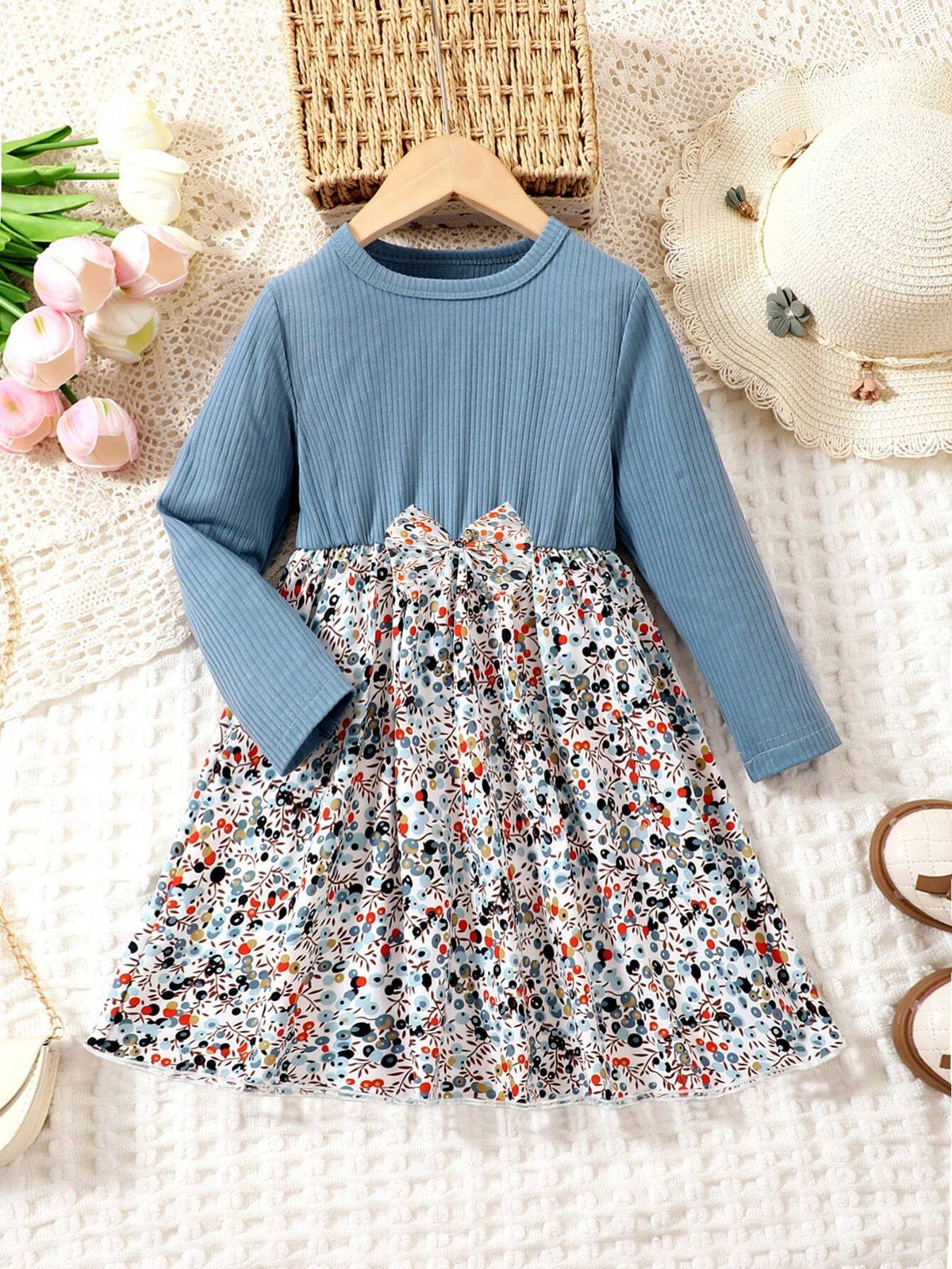 Young Girl Round Neck Patchwork WovenWith Bow Floral Dress For Fall