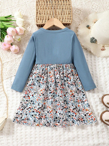 Young Girl Round Neck Patchwork WovenWith Bow Floral Dress For Fall