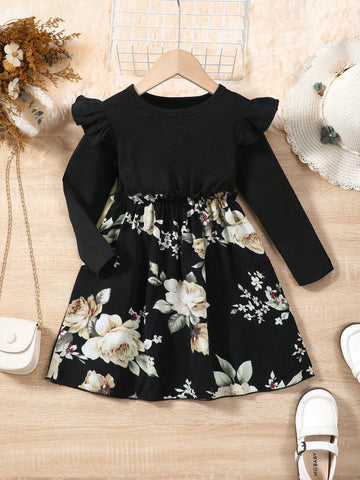 Young Girl Round Neck Patchwork Woven Floral Dress For Fall