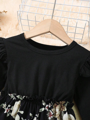Young Girl Round Neck Patchwork Woven Floral Dress For Fall