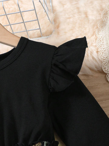 Young Girl Round Neck Patchwork Woven Floral Dress For Fall