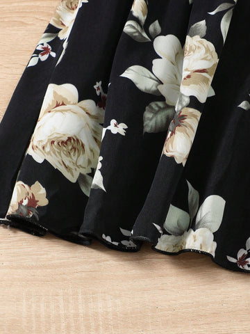 Young Girl Round Neck Patchwork Woven Floral Dress For Fall