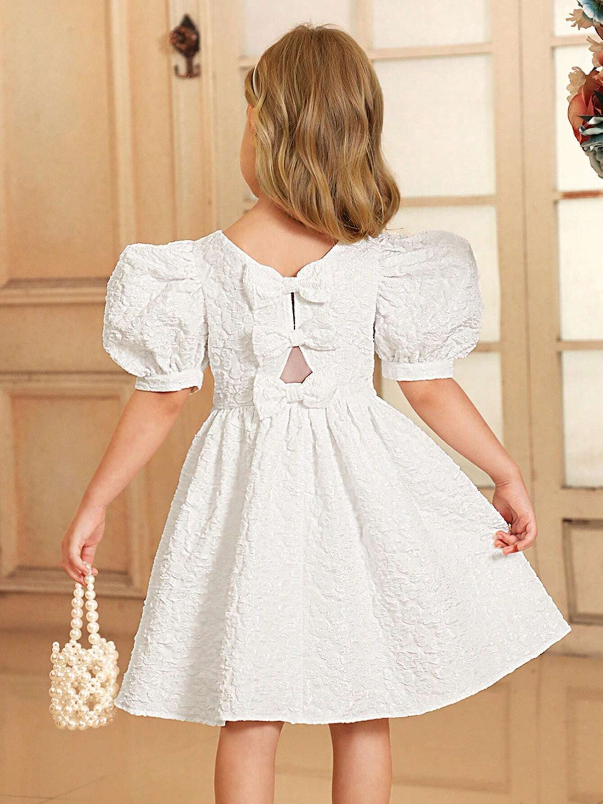 Young Girl Round Neck Puff Sleeve Dress With Back V-Neck, 3D Bowknot Decoration And Jacquard Fabric, Elegant Summer Dress