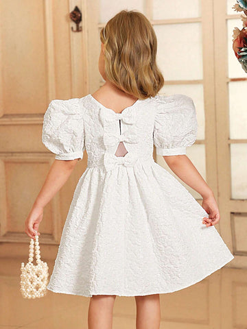 Young Girl Round Neck Puff Sleeve Dress With Back V-Neck, 3D Bowknot Decoration And Jacquard Fabric, Elegant Summer Dress
