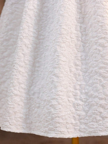 Young Girl Round Neck Puff Sleeve Dress With Back V-Neck, 3D Bowknot Decoration And Jacquard Fabric, Elegant Summer Dress