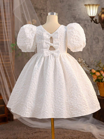 Young Girl Round Neck Puff Sleeve Dress With Back V-Neck, 3D Bowknot Decoration And Jacquard Fabric, Elegant Summer Dress