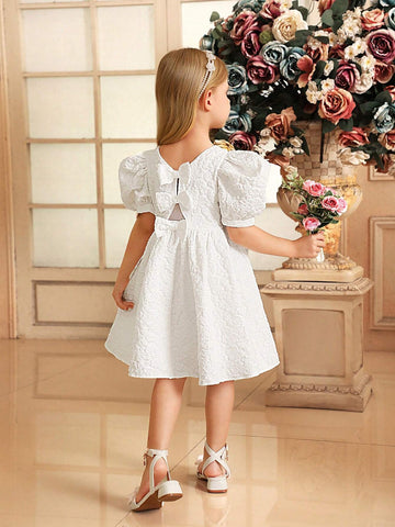 Young Girl Round Neck Puff Sleeve Dress With Back V-Neck, 3D Bowknot Decoration And Jacquard Fabric, Elegant Summer Dress