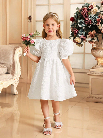 Young Girl Round Neck Puff Sleeve Dress With Back V-Neck, 3D Bowknot Decoration And Jacquard Fabric, Elegant Summer Dress