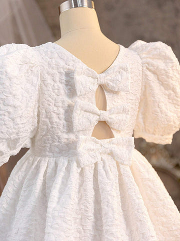 Young Girl Round Neck Puff Sleeve Dress With Back V-Neck, 3D Bowknot Decoration And Jacquard Fabric, Elegant Summer Dress