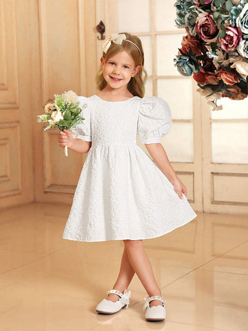 Young Girl Round Neck Puff Sleeve Dress With Back V-Neck, 3D Bowknot Decoration And Jacquard Fabric, Elegant Summer Dress