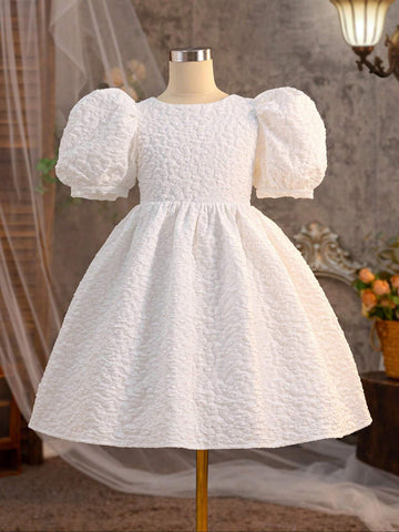 Young Girl Round Neck Puff Sleeve Dress With Back V-Neck, 3D Bowknot Decoration And Jacquard Fabric, Elegant Summer Dress