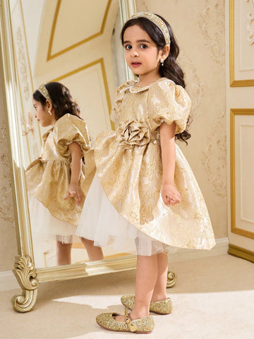 Young Girl Round Neck Short Sleeve Floral Decor Elegant Dress