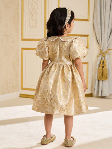 Young Girl Round Neck Short Sleeve Floral Decor Elegant Dress