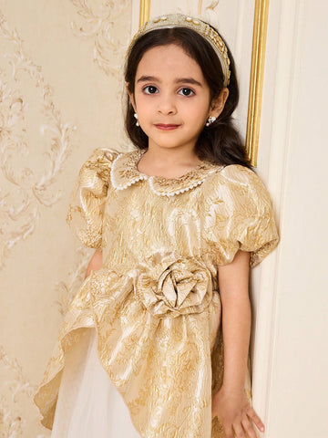 Young Girl Round Neck Short Sleeve Floral Decor Elegant Dress