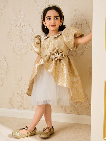 Young Girl Round Neck Short Sleeve Floral Decor Elegant Dress