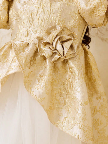 Young Girl Round Neck Short Sleeve Floral Decor Elegant Dress