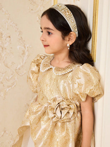 Young Girl Round Neck Short Sleeve Floral Decor Elegant Dress