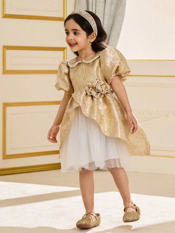 Young Girl Round Neck Short Sleeve Floral Decor Elegant Dress