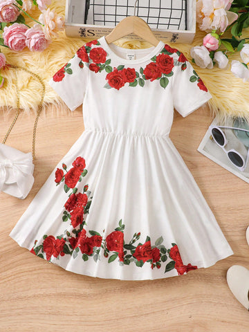 Young Girl Round Neck Short Sleeve Floral Print Casual Mini Dress