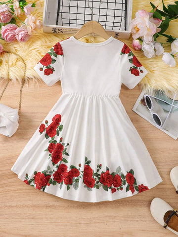 Young Girl Round Neck Short Sleeve Floral Print Casual Mini Dress