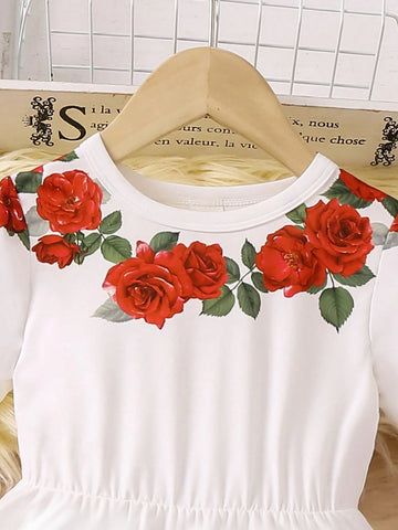 Young Girl Round Neck Short Sleeve Floral Print Casual Mini Dress