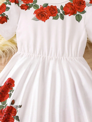 Young Girl Round Neck Short Sleeve Floral Print Casual Mini Dress