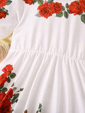 Young Girl Round Neck Short Sleeve Floral Print Casual Mini Dress