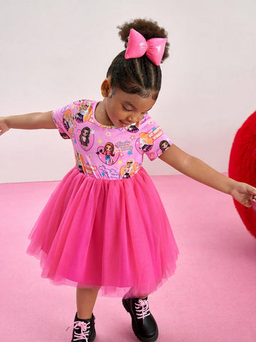 Young Girl Round Neck Short Sleeve Mesh Splice Minimalist Dress