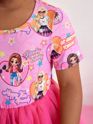 Young Girl Round Neck Short Sleeve Mesh Splice Minimalist Dress