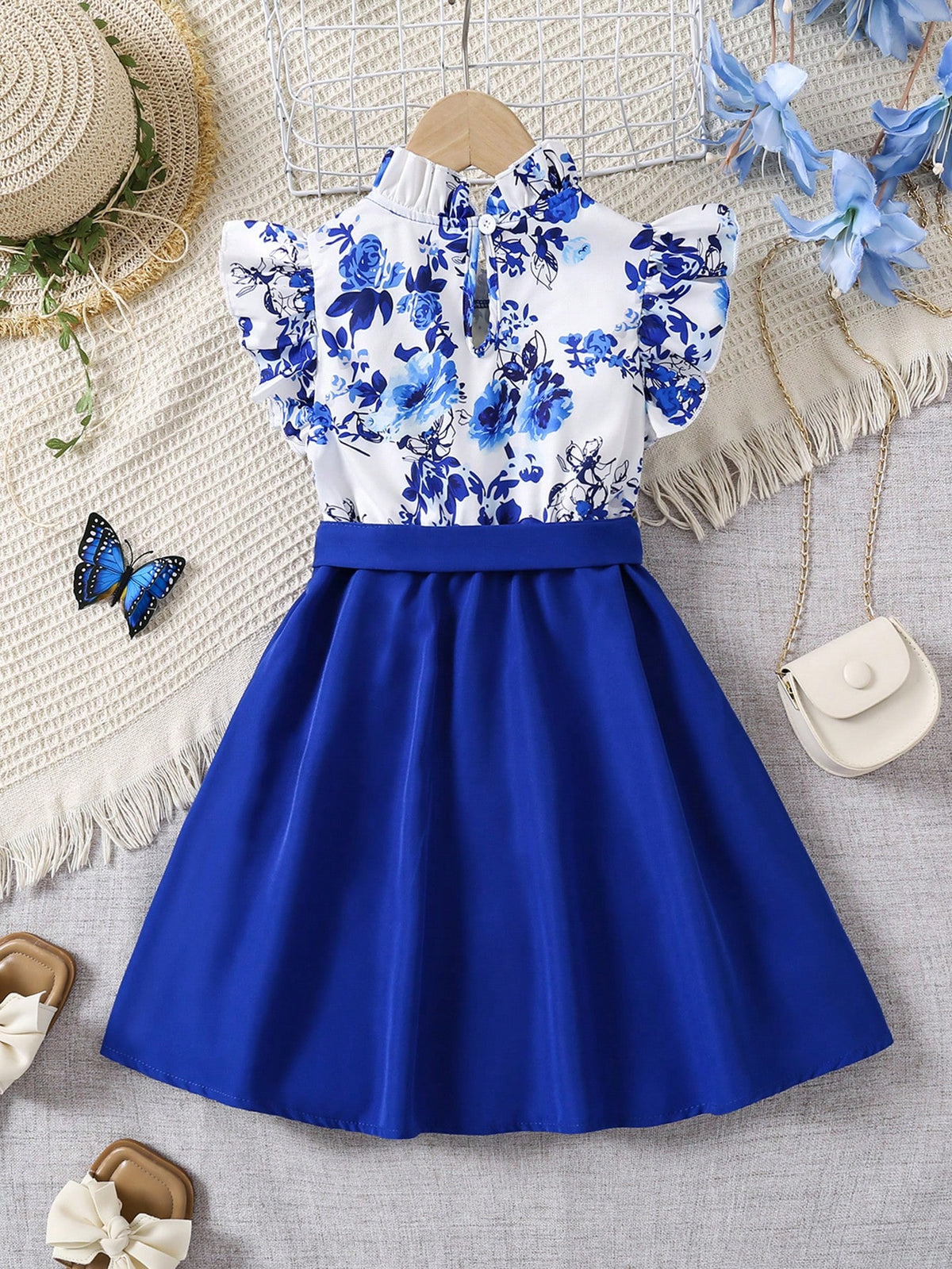 Young Girl Round Neck Sleeveless Bow Patchwork Dress