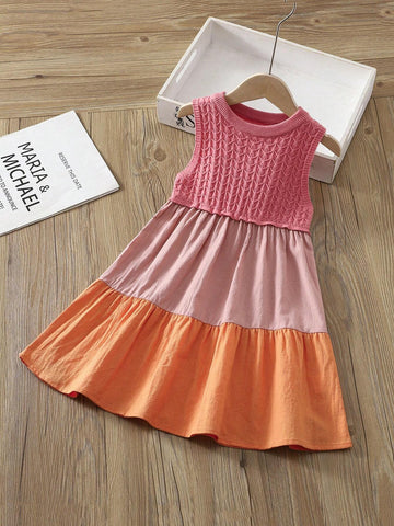 Young Girl Round Neck Sleeveless Color-Block Loose Casual Sweater Dress