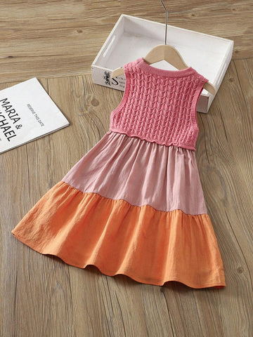 Young Girl Round Neck Sleeveless Color-Block Loose Casual Sweater Dress