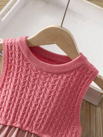 Young Girl Round Neck Sleeveless Color-Block Loose Casual Sweater Dress