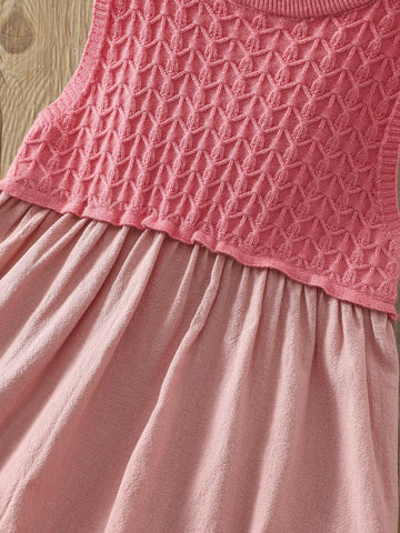 Young Girl Round Neck Sleeveless Color-Block Loose Casual Sweater Dress