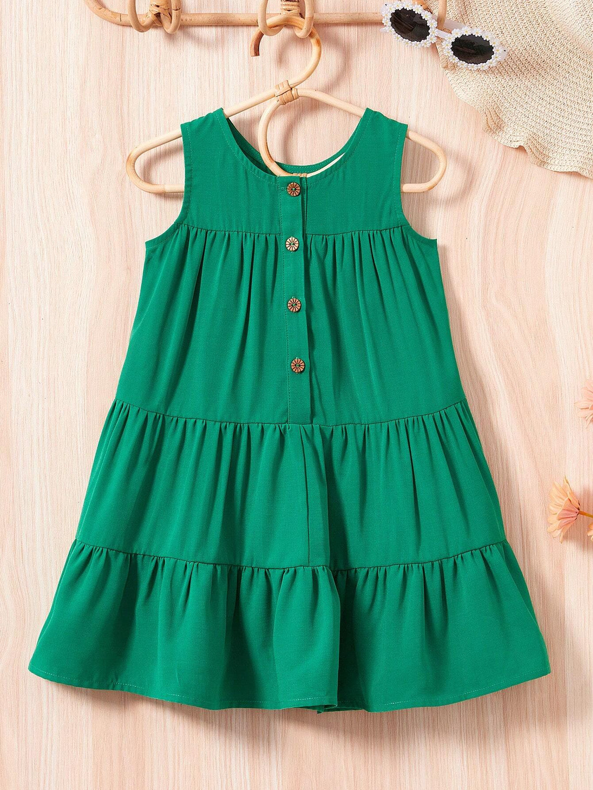 Young Girl Round Neck Sleeveless Open Front Ruffle Hem Skirt Vest Dress