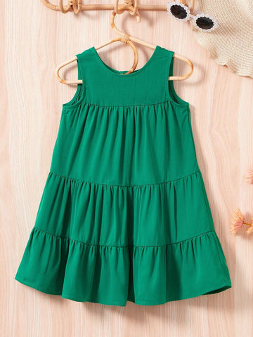 Young Girl Round Neck Sleeveless Open Front Ruffle Hem Skirt Vest Dress