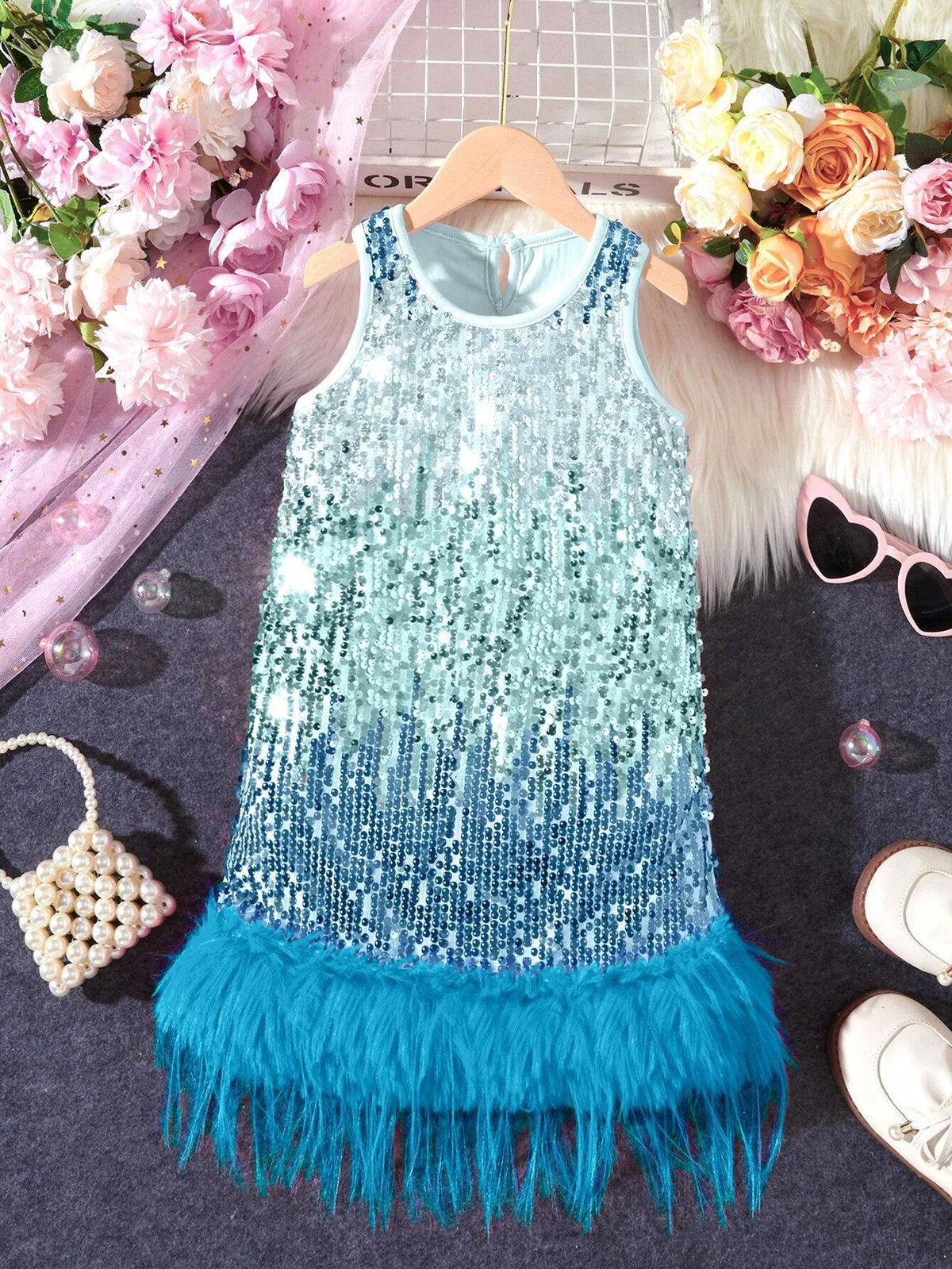 Young Girl Round Neck Sleeveless Sequin Decor Casual Dress