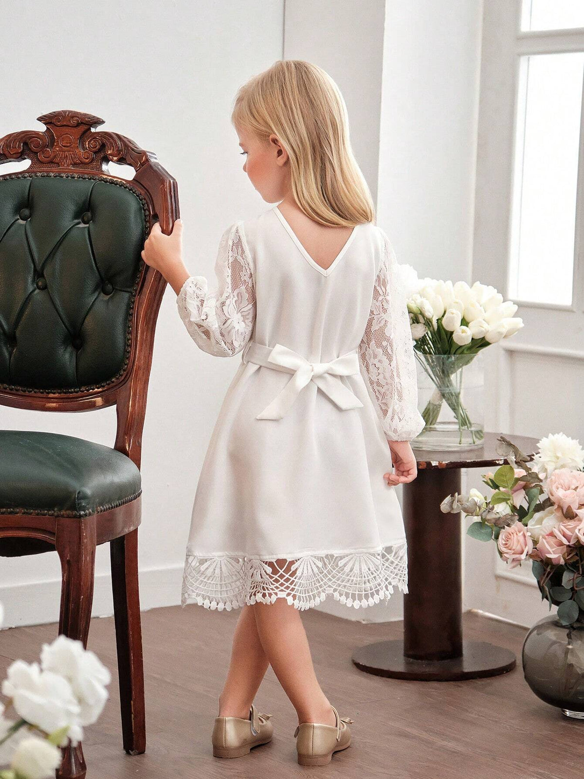 Young Girl Round Neck Solid Color Contrast Lace Puff Sleeve Bodycon Casual Dress