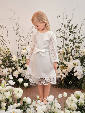 Young Girl Round Neck Solid Color Contrast Lace Puff Sleeve Bodycon Casual Dress