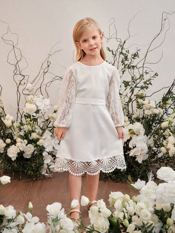 Young Girl Round Neck Solid Color Contrast Lace Puff Sleeve Bodycon Casual Dress