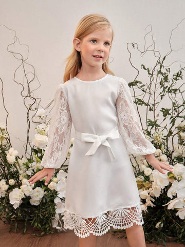 Young Girl Round Neck Solid Color Contrast Lace Puff Sleeve Bodycon Casual Dress